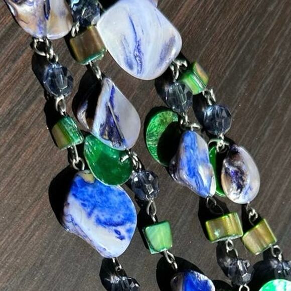 Vintage Abalone Shell Green Purple Glass Beaded Necklace Fashion Jewelry - Picture 6 of 9